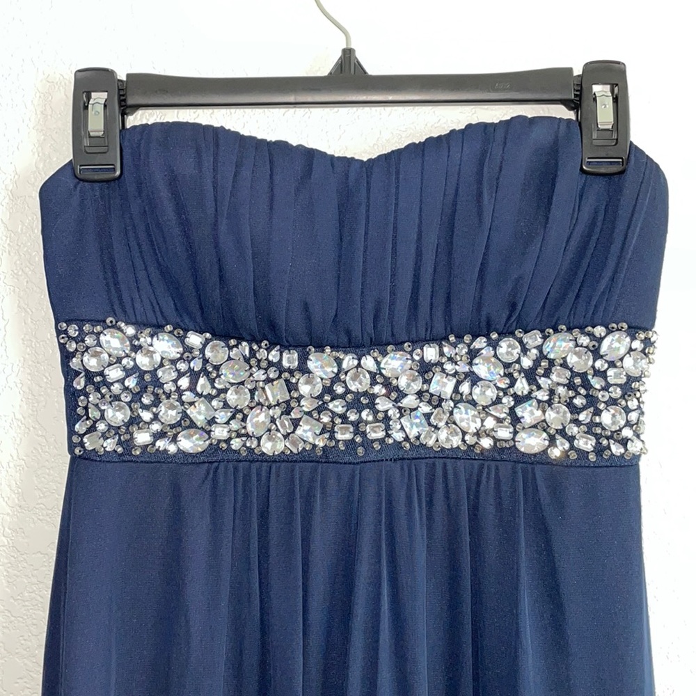 Blue Strapless Gown with Rhinestone detail at waist